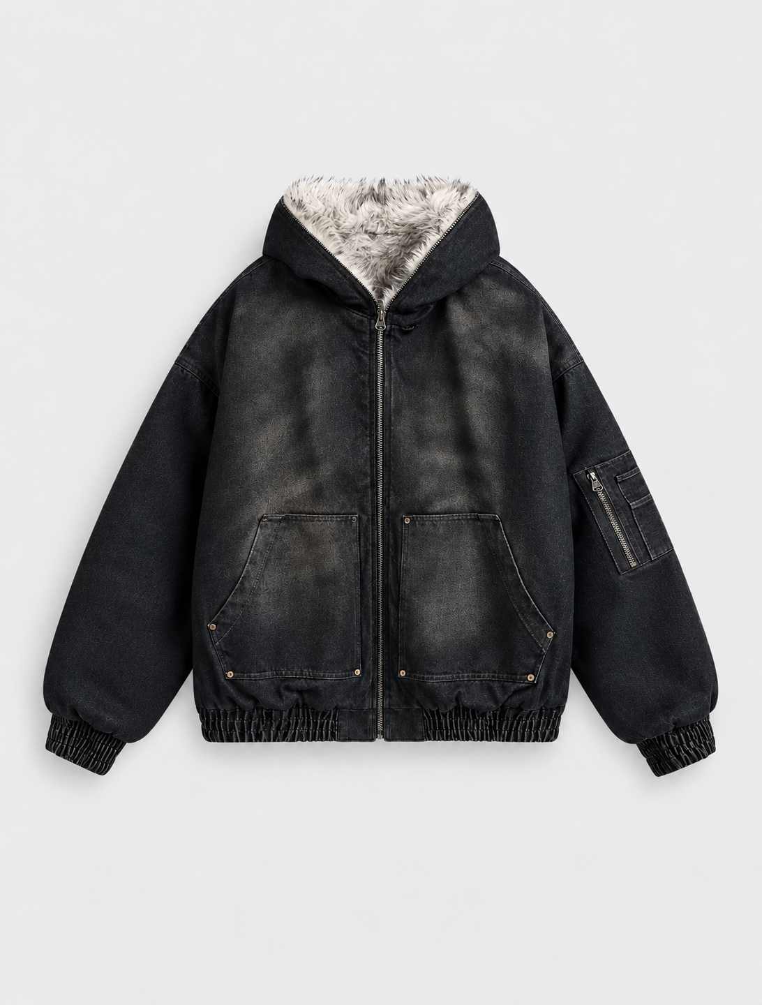 Fur Lined Acid Wash Bomber Jacket