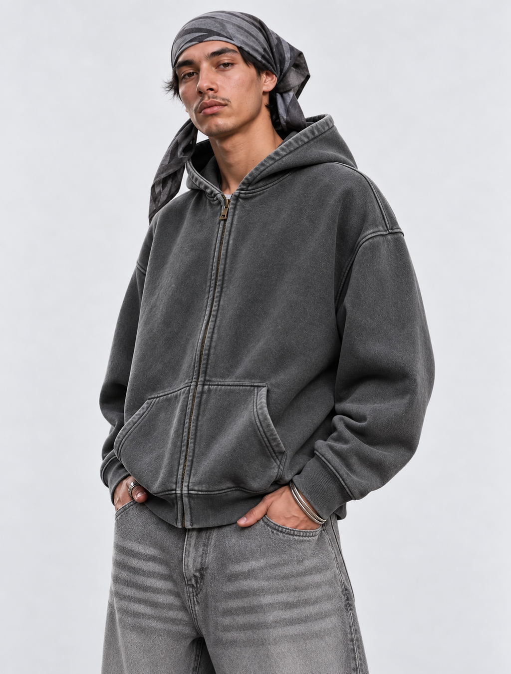 Washed Distressed Fleece Zip-Up Jacket